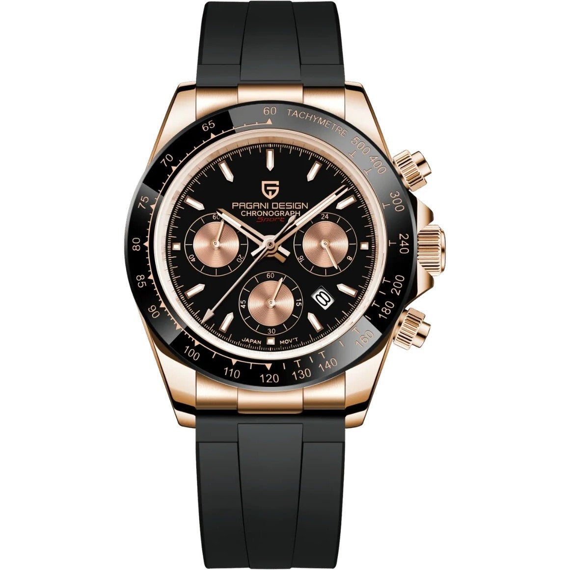 Pagani Design Chronograph in Black, Rose Gold Tone, Black Strap