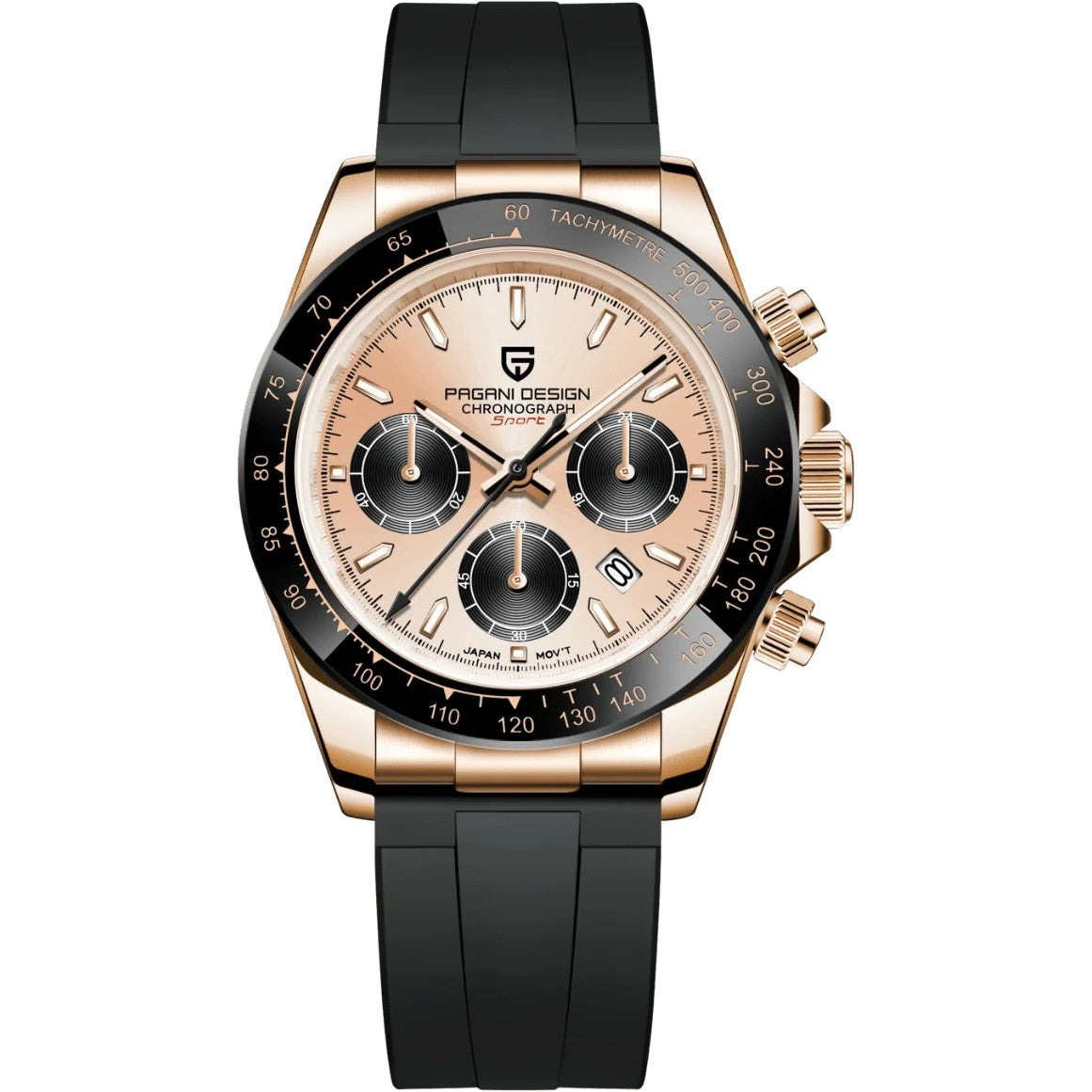 Pagani Design Chronograph in Champagne, Rose Gold Tone, Black Strap