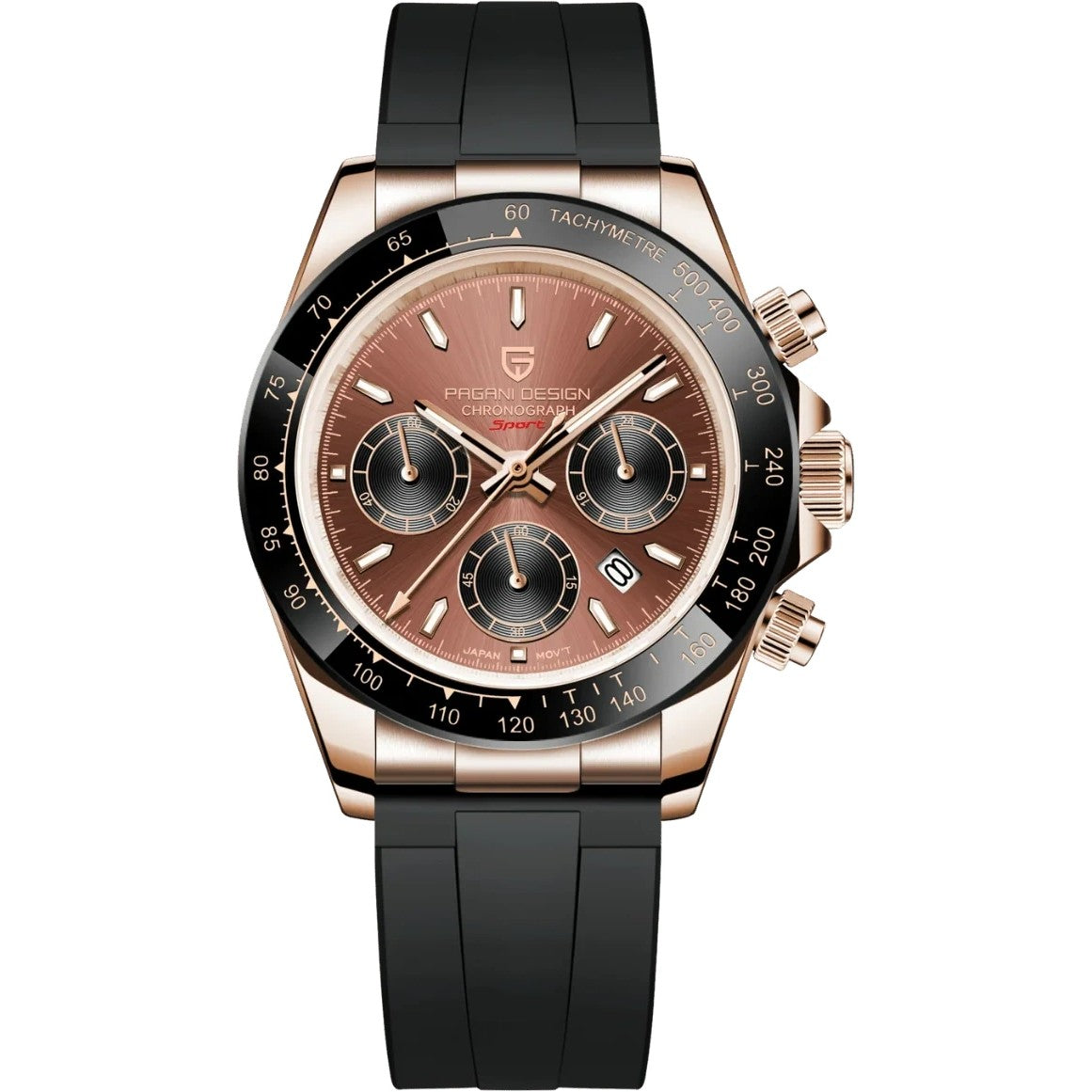 Pagani Design Chronograph in Coffee, Rose Gold Tone, Black Strap