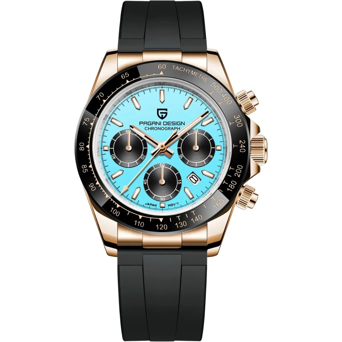 Pagani Design Chronograph in Ice Blue, Rose Gold Tone, Black Strap