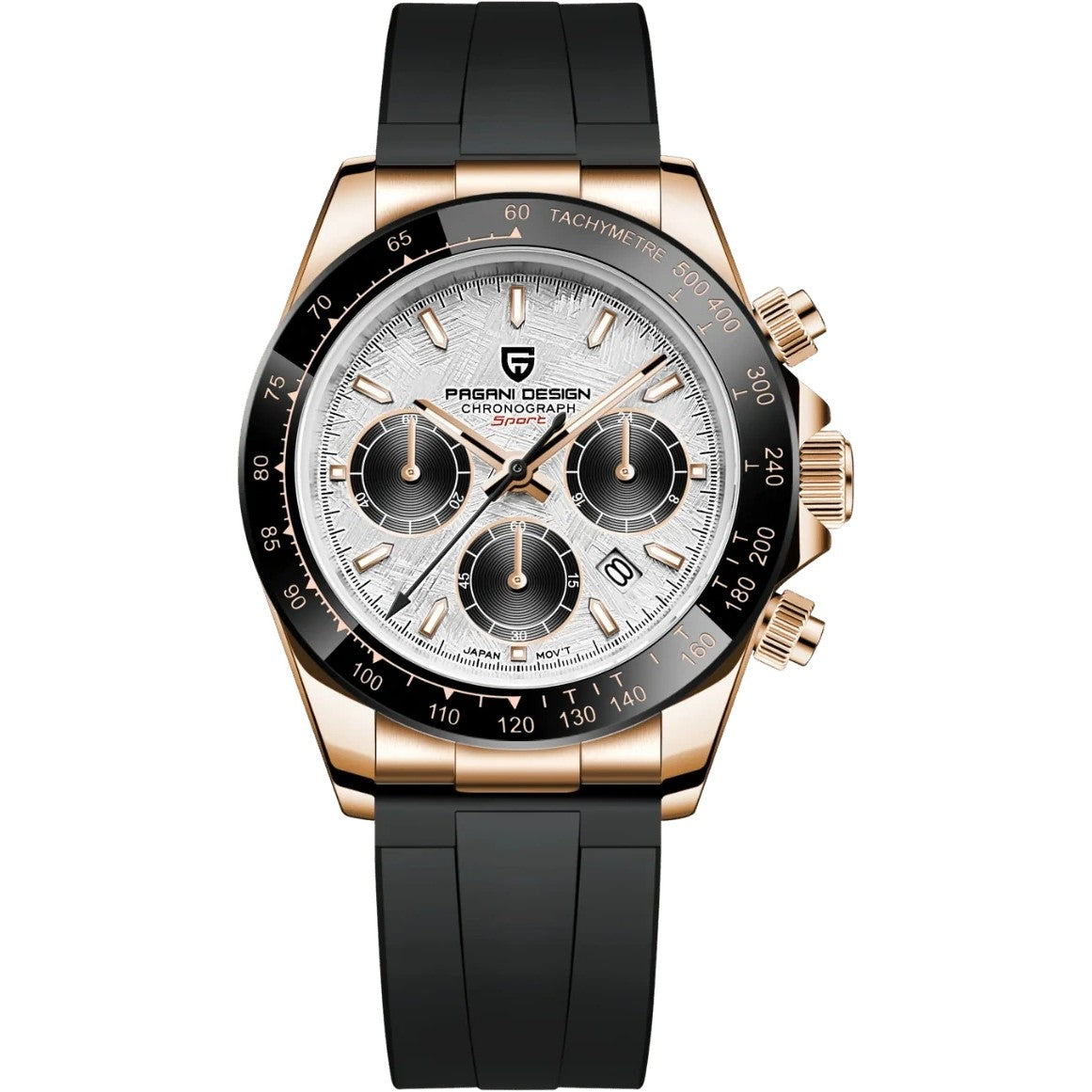 Pagani Design Chronograph in Patterned White, Rose Gold Tone, Black Strap