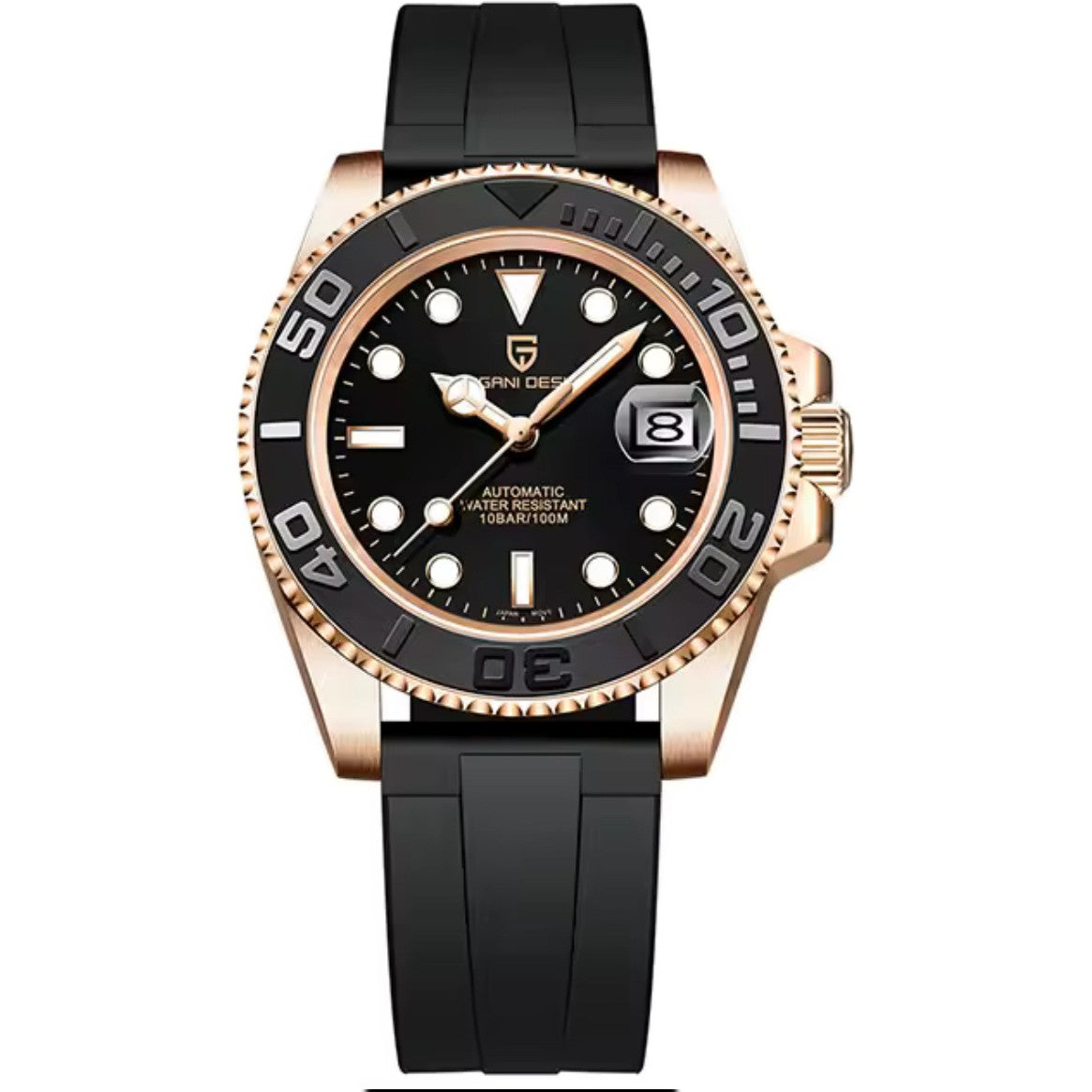 Pagani Design Numeral Bezel in Black, Rose Gold Tone, Black Strap